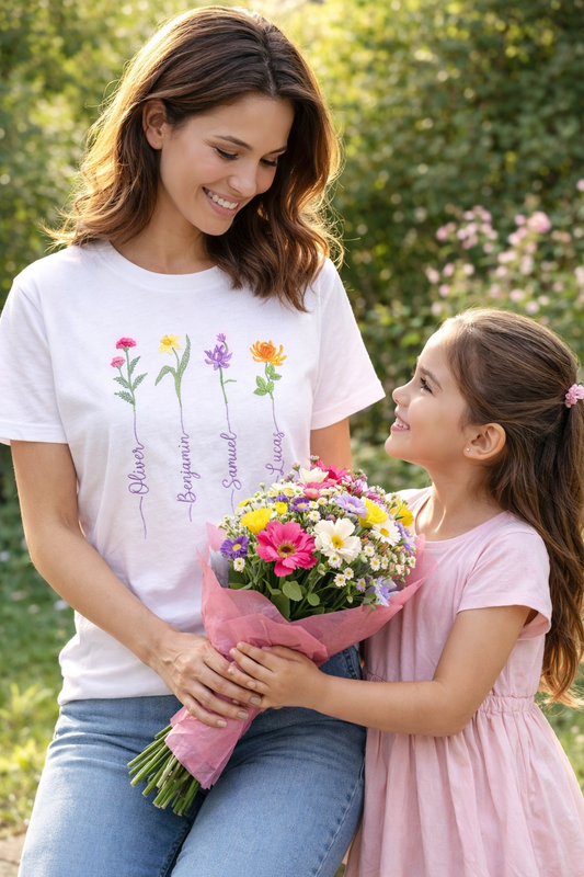 Custom Embroidered Birth Month Flower T-shirt
