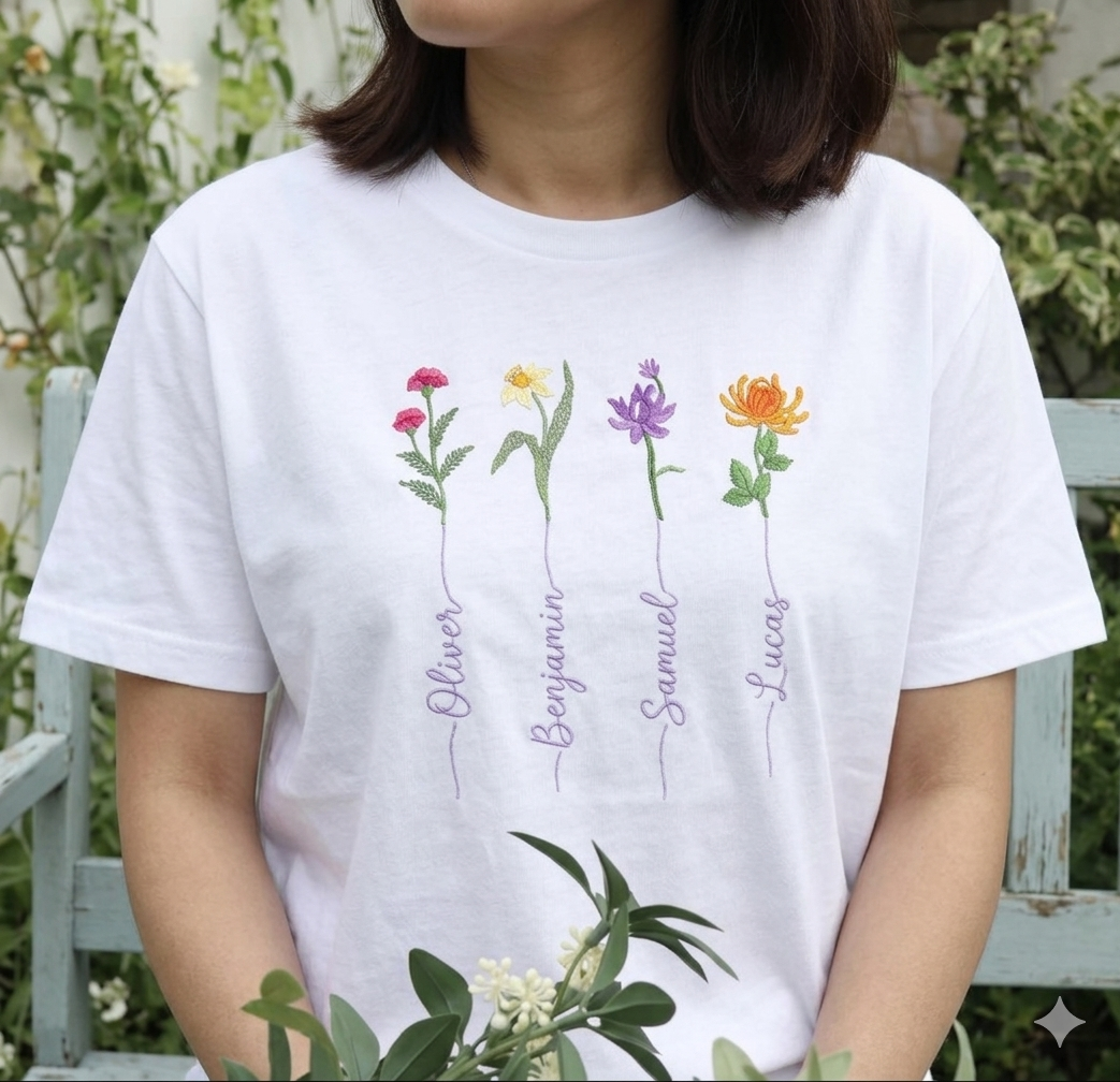 Custom Embroidered Birth Month Flower T-shirt